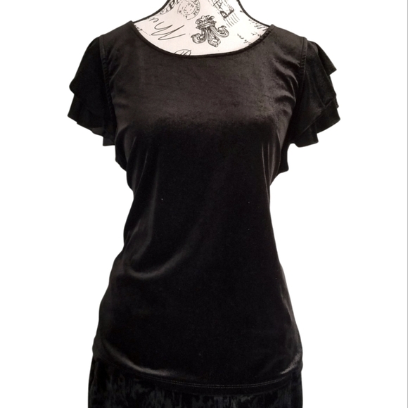 Vintage 90s black velvet basic top with ruffle sleeves - Picture 1 of 6